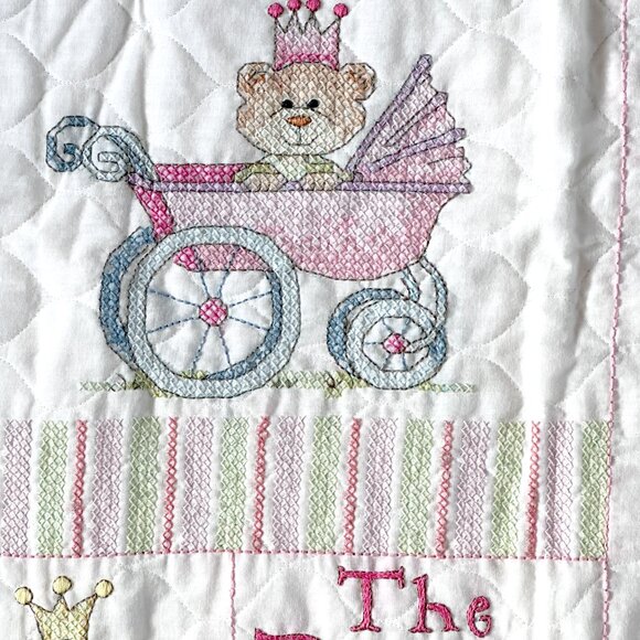 Baby Quilt Blanket "The Princess Sleeps Here" Hand Cross Stitched - Darling! - Picture 4 of 8